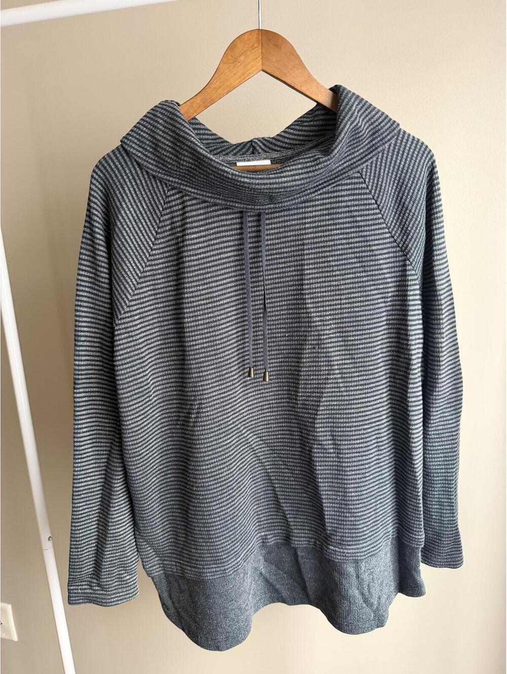 J. Jill cotton blend cowl neck long sleeve striped sweatshirt with drawstrings